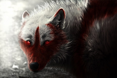 Фэнтези Животные, Волк, Красные глаза, Взгляд, Хищник (Животное), HD обои HD wallpaper