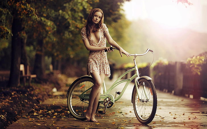 Beautiful barefoot girl, bicycle, fall, green cruiser bicycke, Beautiful, Barefoot, Girl, Bicycle, Fall, HD wallpaper