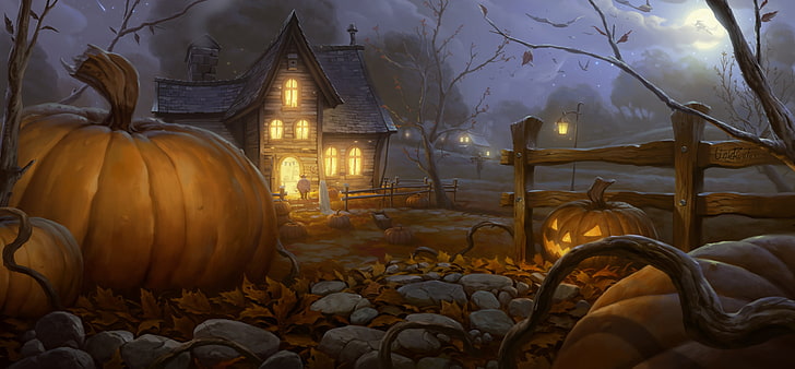 brown house with squash illustration, night, lights, house, art, Halloween, pumpkin, the garden, guest, HD wallpaper