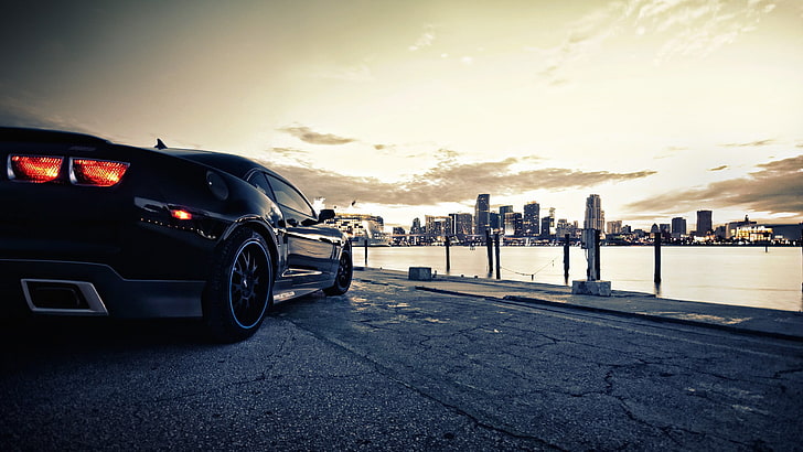 black coupe, black luxury car photo during sunset, supercars, car, Chevrolet, vehicle, cityscape, HD wallpaper