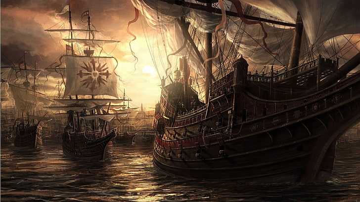Brown Galleon Ship Digital Wallpaper, fantasy art, żaglowiec, Tapety HD