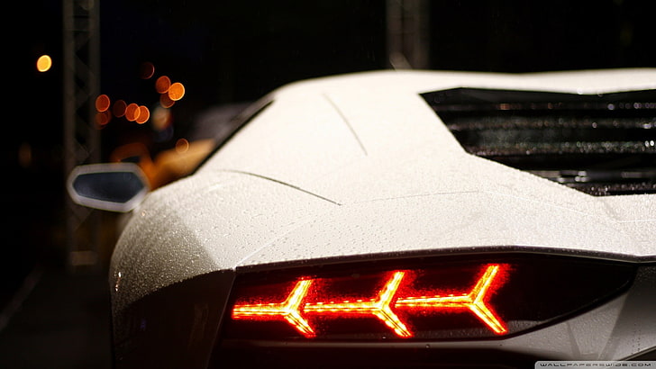 Lamborghini Aventador, samochód, białe auta, bokeh, Lamborghini, pojazd, Tapety HD