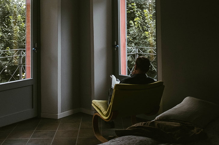 cadeira de balanço marrom e amarela, leitura, descanso, quarto, HD papel de parede