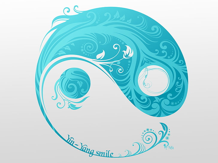 ilustração azul e branca de yin e yang, símbolo, fundo cinza, Ying-Yang, sorriso de Yin-yang, HD papel de parede