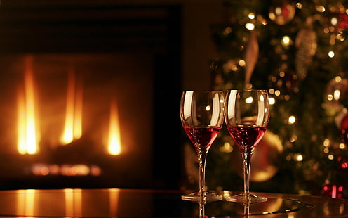 クリスマスワイン、2つの明確なワイングラス、祭り/休日、クリスマス、祭り、休日、ワイン、 HDデスクトップの壁紙 HD wallpaper