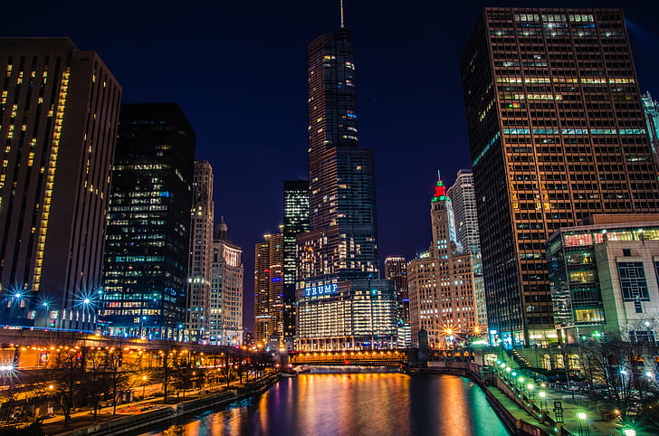 lighted high rise buildings during nigh time, chicago, chicago, Chicago Riverwalk, high rise buildings, time, Chicago  Riverwalk, Chicago River, Trump Tower, Wrigley Building, nikon  d7000, citycenter, urban, Windy City, night photography, cityscape, night, urban Skyline, skyscraper, illuminated, urban Scene, architecture, downtown District, famous Place, city, river, uSA, dusk, office Building, built Structure, building Exterior, HD wallpaper