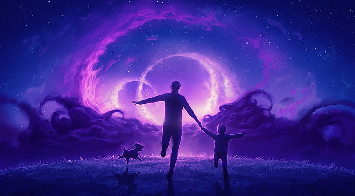 Vater und Sohn Wallpaper, Frieden, Himmel und Hölle, Familien, Himmel, Hund, Sterne, Nacht, Lichter, Gras, lila, digitale Kunst, HD-Hintergrundbild