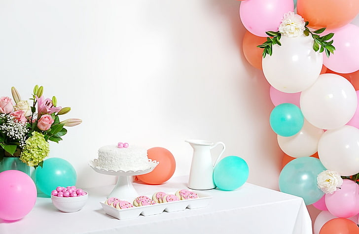 Birthday Party, Holidays, Birthday, Colorful, Flowers, Cream, Party, Balloons, Colors, Sweet, cookies, Cute, Pastel, cake, Celebration, anniversary, dessert, indoor, HappyBirthday, HD wallpaper