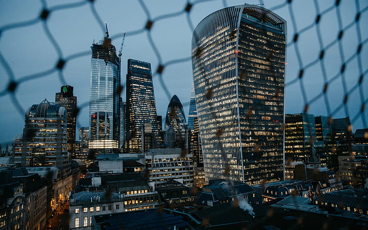 city, lights, evening, fence, London, buildings, architecture, skyscrapers, urban, cityscape, metropolis, 4k ultra hd background, London skyline, HD wallpaper
