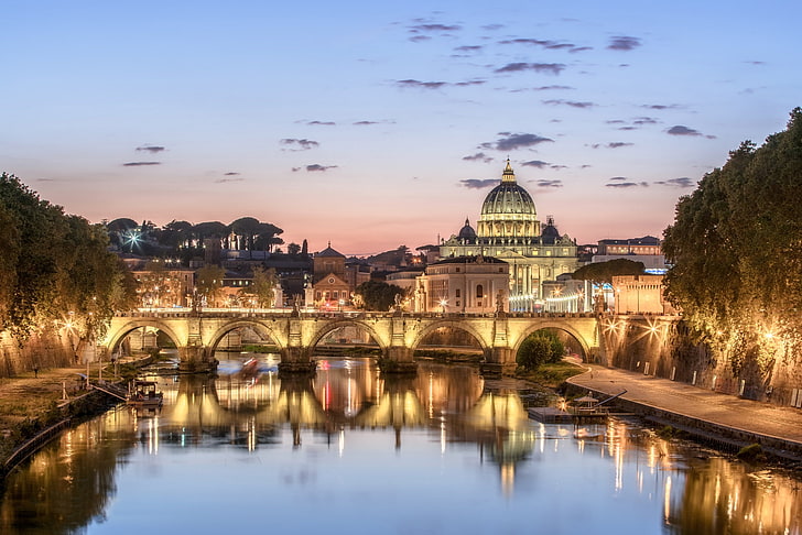 bridge, lights, river, Rome, Italy, The Tiber, HD wallpaper