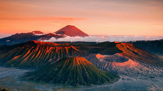 landscape volcano mountains mount bromo dusk clouds crater indonesia, HD wallpaper HD wallpaper
