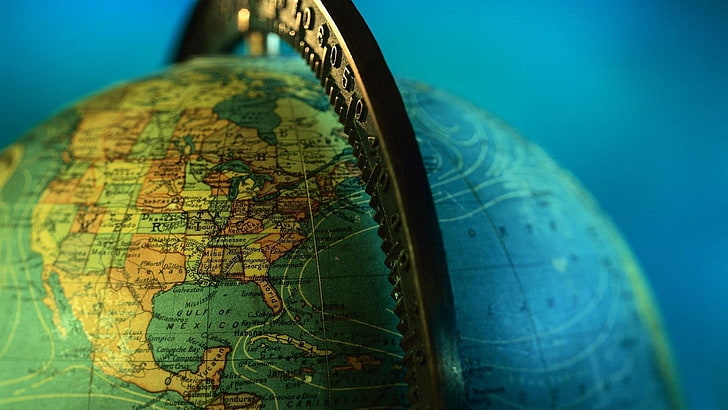 الكرة الأرضية الخضراء والبرتقالية ، ديكور طاولة الكرة الأرضية العالمي متعدد الألوان ، الأرض ، الكرات الأرضية ، القارات ، الأزرق ، أمريكا الشمالية ، المكسيك ، كندا ، الولايات المتحدة الأمريكية ، الخلفية الزرقاء ، البلدان ، الخريطة ، البحر، خلفية HD