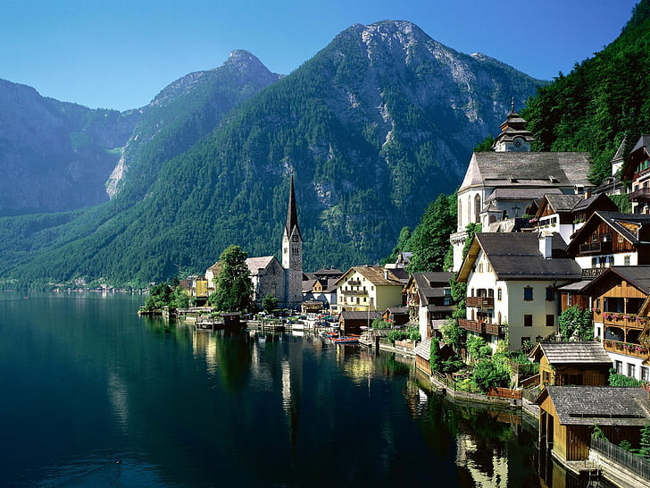 アルプ、オーストリア、ヨーロッパ、ハルシュタット、湖、風景、 HDデスクトップの壁紙