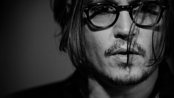 Johnny Depp Monochrome, photo en niveaux de gris de lunettes homme, acteur, cool, hollywood, Fond d'écran HD