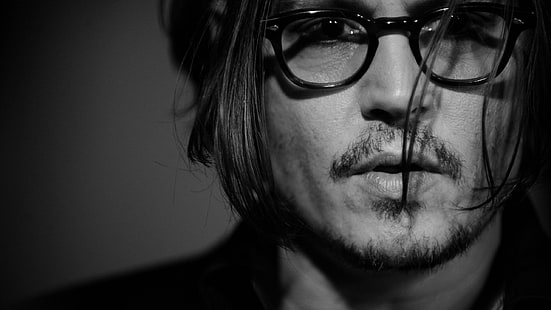 Johnny Depp monocromático, foto em tons de cinza de óculos de homem, ator, legal, hollywood, HD papel de parede HD wallpaper