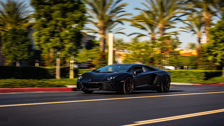 black sports car, Lamborghini, car, Lamborghini Aventador, HD wallpaper
