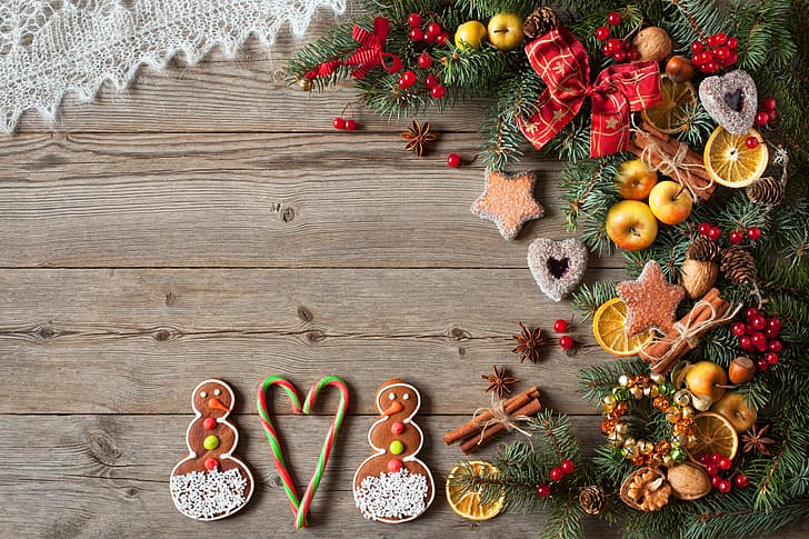 decoration, berries, tree, New Year, cookies, Christmas, hearts, snowmen, fruit, nuts, wood, Merry Christmas, Xmas, gingerbread, holiday celebration, HD wallpaper
