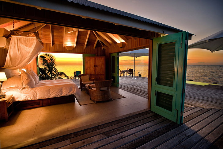 hotel, tropical, bungalow, sea, bedroom, HD wallpaper
