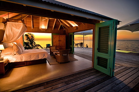 hotel, tropicale, bungalow, mare, camera da letto, Sfondo HD HD wallpaper