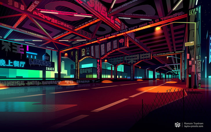Ilustración del estadio WWE, foto del cartel gris de carreteras y estructuras, Romain Trystam, arte digital, paisaje urbano, luces de la ciudad, colorido, calle, luz de calle, Fondo de pantalla HD