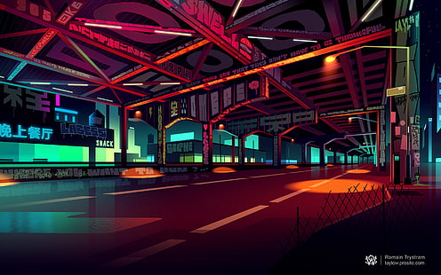 Ilustração do estádio da WWE, foto do cartaz cinza de estradas e estruturas, Romain Trystam, arte digital, paisagem urbana, luzes da cidade, colorido, rua, luz de rua, HD papel de parede HD wallpaper