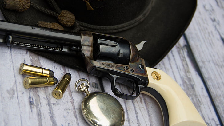 black revolver, weapons, watch, hat, cartridges, revolver, Colt, Action Army, HD wallpaper