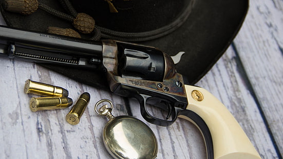 черный револьвер, оружие, часы, шляпа, патроны, револьвер, кольт, боевая армия, HD обои HD wallpaper