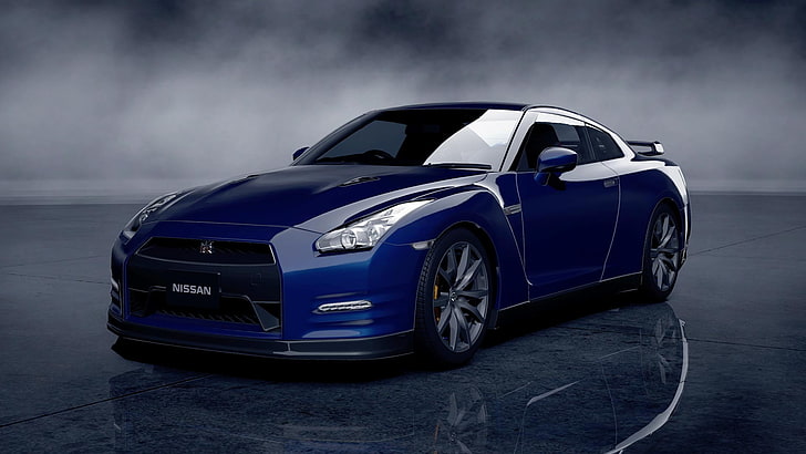 blue coupe, Nissan GT-R, Nissan Skyline GT-R R35, mobil, Gran Turismo 5, video game, Wallpaper HD