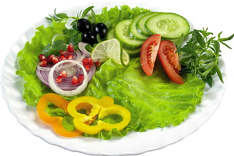 зеленчукова салата, зеленчуци, маруля, домати, лук, краставици, HD тапет HD wallpaper