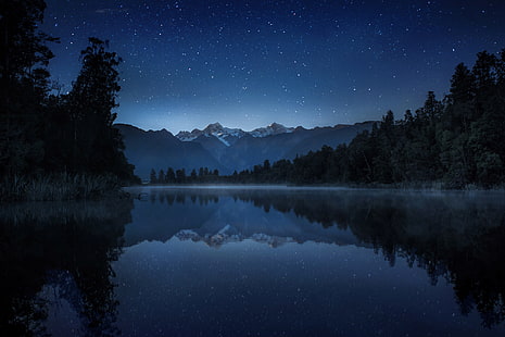 silhouette photo of lake, the sky, stars, trees, mountains, night, lake, reflection, the reeds, New Zealand, haze, lake Matheson, HD wallpaper HD wallpaper