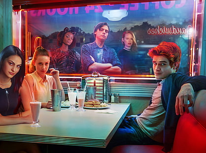 boy with two girls in-front of table graphic wallpaper, Riverdale, Cole Sprouse, Ashleigh Murray, Lili Reinhart, Camila Mendes, K.J. Apa, Madelaine Petsch, HD wallpaper HD wallpaper