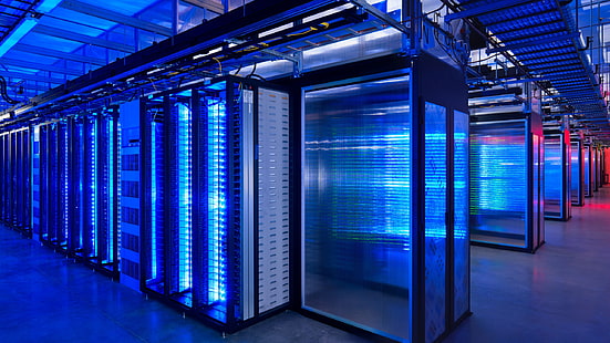 grå metallram, dator, blå, neon, bakgrundsbelysning, datacenter, server, HD tapet HD wallpaper