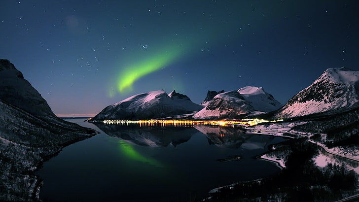 Aurora Borealis แสงออโรร่าท้องฟ้าธรรมชาติภูเขากลางคืน, วอลล์เปเปอร์ HD