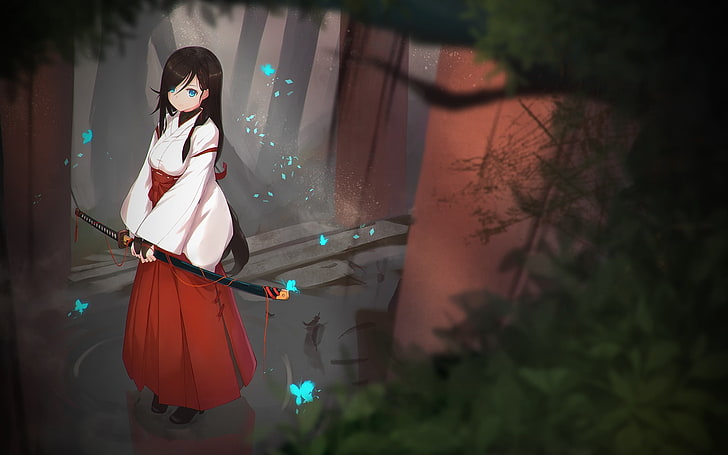 Anime, Anime Girls, lange Haare, blaue Augen, Schwert, Katana, japanische Kleidung, HD-Hintergrundbild