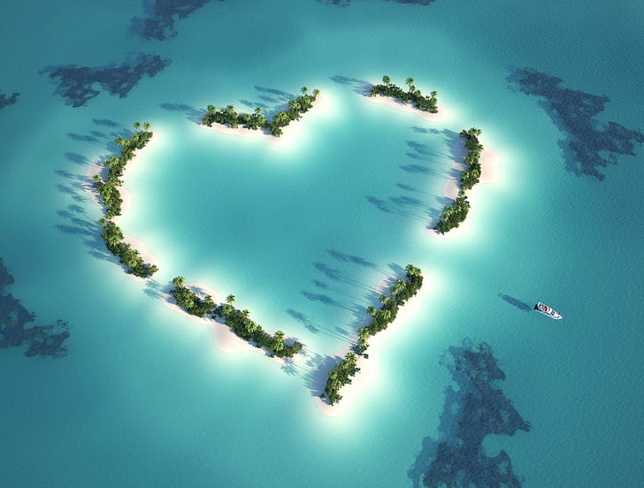 tropis, pohon-pohon palem, laut, pulau, cinta, pirus, Jantung, Wallpaper HD