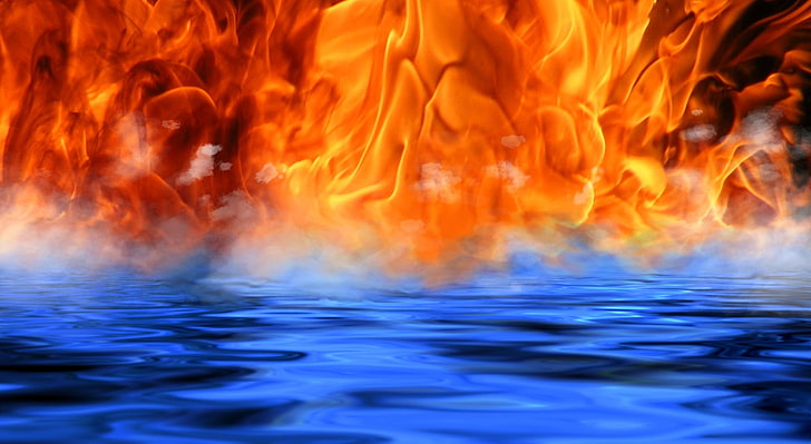 Огонь - Вода - Встреча, пламя и вода, Иллюстрация, Элементы, Огонь, вода, HD обои