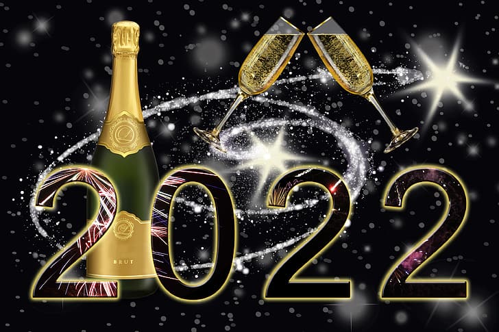 Fuochi d'artificio, Bottiglia, Saluto, Anno nuovo, Sfondo nero, Bakaly, Champagne, 2022, Sfondo HD