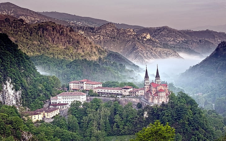 asturias, spain, ridge picos de europa, mountains, castle, cathedral, HD wallpaper