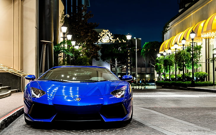 niebieski samochód sportowy, Lamborghini, samochód, Lamborghini Aventador, niebieskie samochody, a4, Super Car, pojazd, Tapety HD