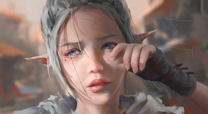 ilustracja postaci kobiecych w grze, płacz, elfy, niebieskie oczy, szare włosy, WLOP, spiczaste uszy, łzy, fantasy art, malarstwo, Tapety HD