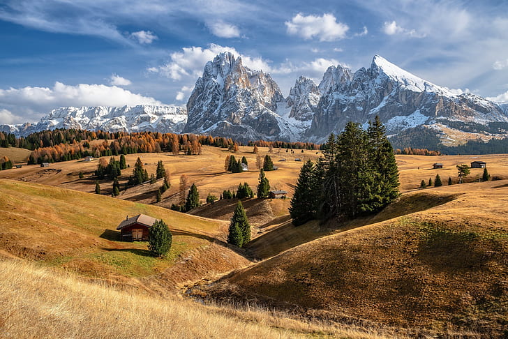 musim gugur, pegunungan, pegunungan Alpen, Italia, Tyrol Selatan, The Dolomites, Wallpaper HD