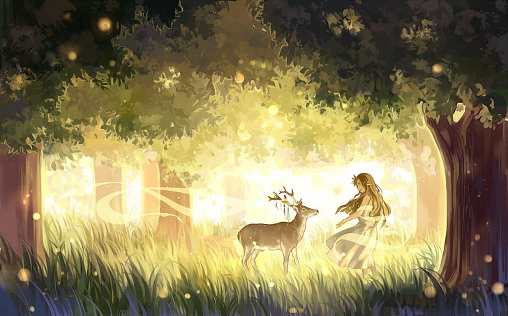 animal, anime, beautiful, dress, elegant, forest, girl, grass, hair, leaf, leaves, long, tree, white, HD wallpaper