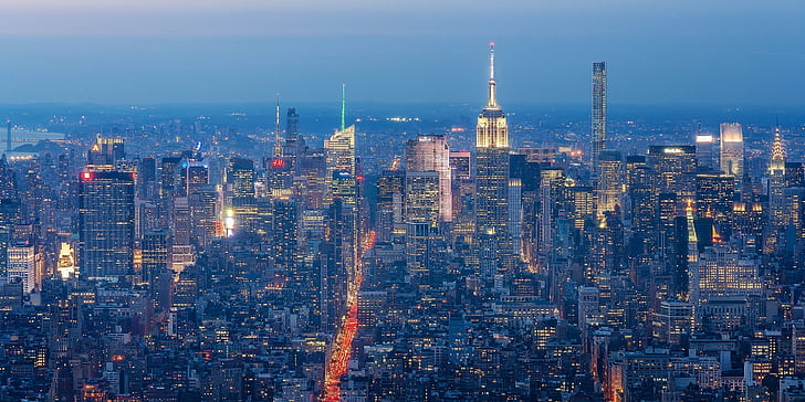 Манхэттен, Нью-Йорк ночью, нью-йоркский скайлинг в ночное время, Манхэттен, лучший, панорама, город, здания, небоскребы, Нью-Йорк ночью, HD обои