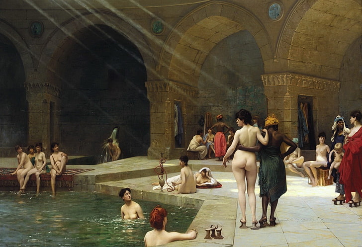 donne in piscina dipinto, erotico, interno, Jean-Leon Gerome, un grande bagno turco a Bursa, Sfondo HD