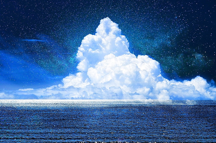 fragment de pierre blanche et bleue, nuages, mer, art fantastique, Fond d'écran HD