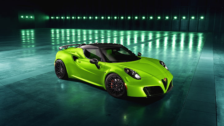 зеленый автомобиль, альфа ромео 4с, спорткар, суперкар, концепт-кар, HD обои