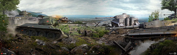 battle, panorama, the battle, tanks, T-34, World of Tanks, German, Soviet, Tiger I, WOT, HD wallpaper