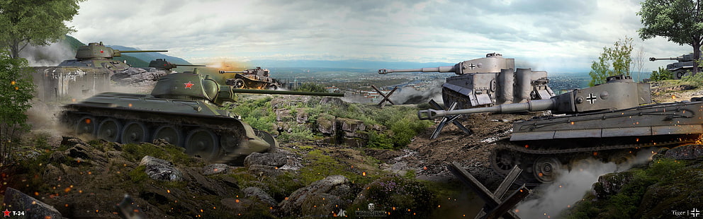 battle, panorama, the battle, tanks, T-34, World of Tanks, German, Soviet, Tiger I, WOT, HD wallpaper HD wallpaper