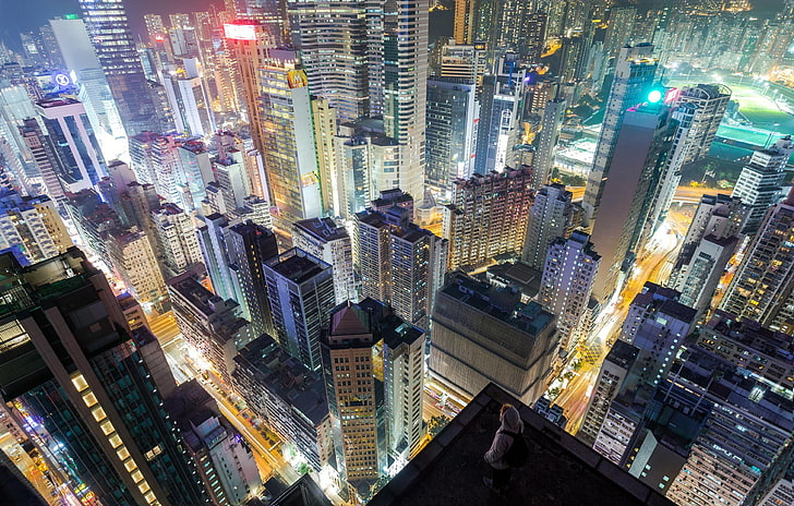 изглед отгоре на градски сгради, градски пейзаж, покриви, градски светлини, небостъргач, Хонконг, град, HD тапет