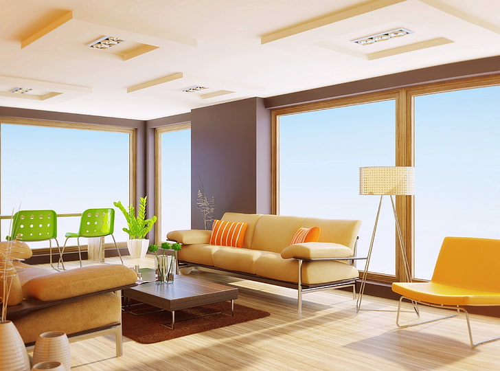 Modern Interior Design HD Wallpaper, sofá de cuero amarillo, Arquitectura, Moderno, Diseño, Interior, Fondo de pantalla HD
